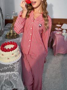 SANRIO Bộ đồ ngủ tay dài in họa tiết kẻ caro cài nút phía trước hình HELLO KITTY dành cho nữ + Quần dài cạp chun rút dây dễ thương - Đỏ - Xem 3