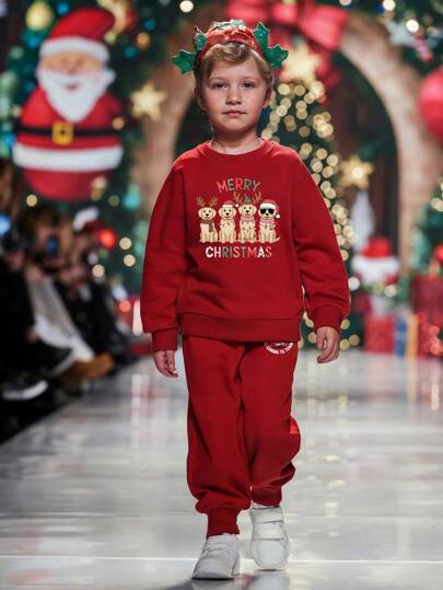 minizone 2 pezzi / set Tuta da ragazzo giovane con tema natalizio, composto da felpa girocollo manica lunga e pantaloni della tuta, completo caldo