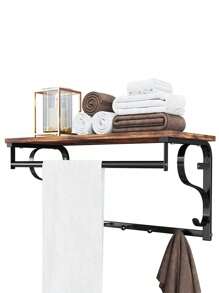 VASAGLE Wall Wardrobe Wall Shelf 5 Hook Shelf Industrial Design Hook Sticker Hanging Bar For Hallway Bedroom Bathroom Living Room Vintage Brown-Black