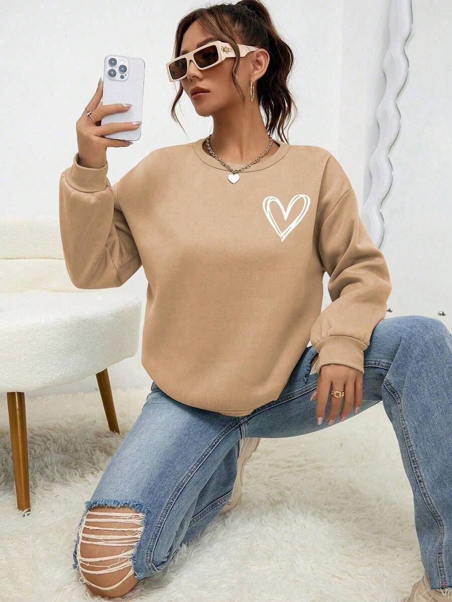 Women's Casual Sweatshirt 100% Cotton Promotion Printed DTF Heart Tumblr - Màu Khaki - Xem 1
