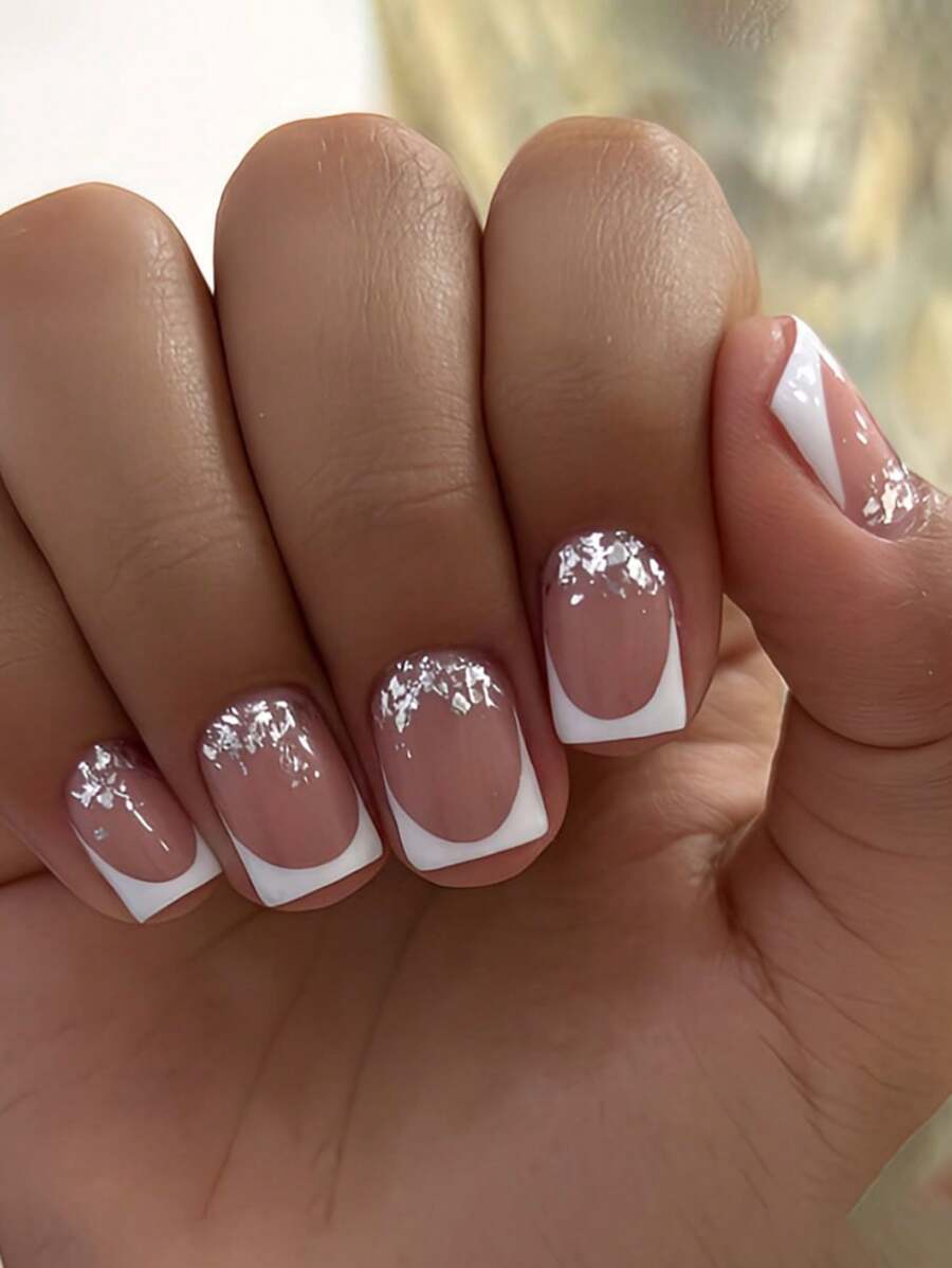 24Pcs Short Square Silver Sequins Glitter White French Tip Press On Nails Classic Simple Design Suitable For Daily Use False Nails Nail Supplies Nails