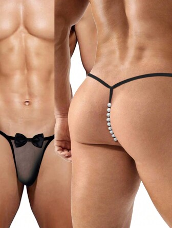 男士性感丁字裤 带钢丝珍珠串珠新奇内裤 蝴蝶结装饰热销 T 裤