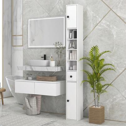  Kleankin 180cm Tall Bathroom Cabinet, Slim Bathroom Storage Cabinet With 4 Open Shelves, 2 Door Cupboards And Adjustable Shelves