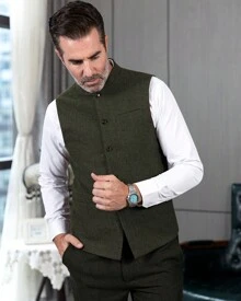 Men's High Collar Vests Traditional Vest Mens Herringbone Wool Suit Vests Business Tweed Waistcoats Jacket - xanh quân đội - Xem 4