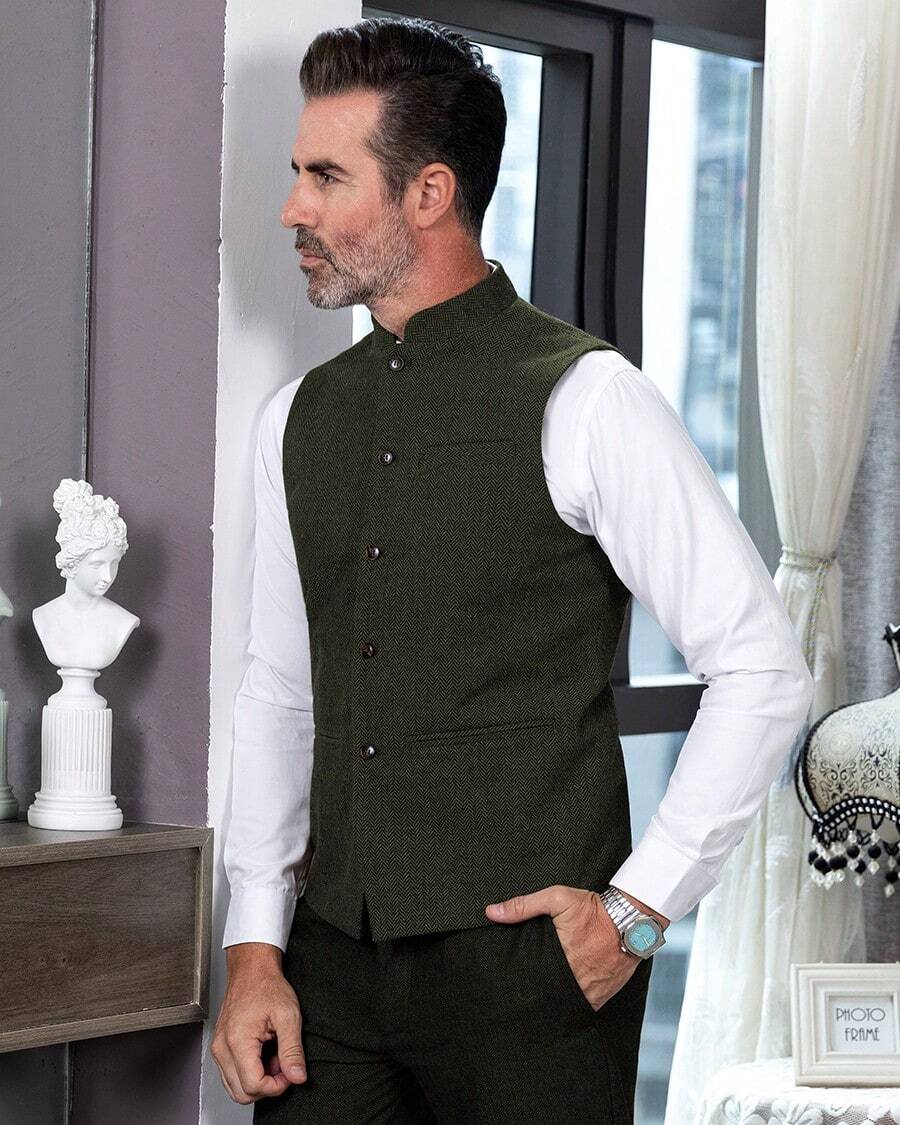 Men's High Collar Vests Traditional Vest Mens Herringbone Wool Suit Vests Business Tweed Waistcoats Jacket - xanh quân đội - Xem 1