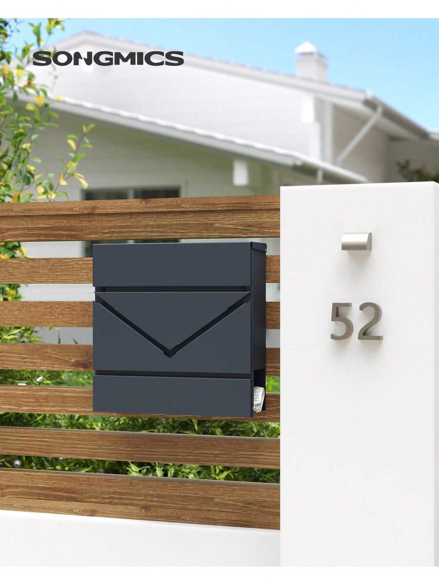 SONGMICS Letter Box, Wall-Mounted Post Box, Mailbox With V-Shaped Viewing Window, Lock And Lid, Newspaper Holder, Easy To Install, Anthracite Grey - Grey - View 1