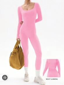 YEIFIN 女士瑜伽连体裤，运动连体裤，长袖方领弹力连体裤，罗纹针织健身服，修身连体裤，健身运动服，日常穿着春夏款塑身衣 - 粉色 - 查看 3