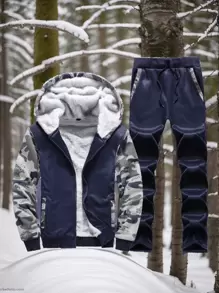 Conjunto de chaqueta y pantalones de invierno para hombres, traje deportivo con forro térmico grueso y cálido, con cremallera, unicolor con capucha y manga larga
