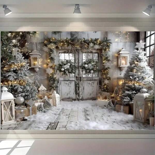 Fondo navideño de granero blanco rural: escena de pared de ladrillo con ventanas nevadas y árboles de invierno coloridos, decoración navideña cálida, fibra de poliéster, apta para sala de estar, exterior, transmisión en vivo, fotomatón - 39x59 pulgadas/70,8x90,5 centímetros