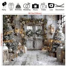 Fondo navideño de granero blanco rural: escena de pared de ladrillo con ventanas nevadas y árboles de invierno coloridos, decoración navideña cálida, fibra de poliéster, apta para sala de estar, exterior, transmisión en vivo, fotomatón - 39x59 pulgadas/70,8x90,5 centímetros