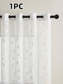 1 Stück, halbtransparenter, leichter Polyestervorhang im Bohemian-Stil, Vorhang mit besticktem Blättermuster, geeignet für Wohnzimmer, Schlafzimmer, Arbeitszimmer, Esszimmer, Heimdekoration, Ösen oben für einfache Installation - Weiss - Übersicht 1