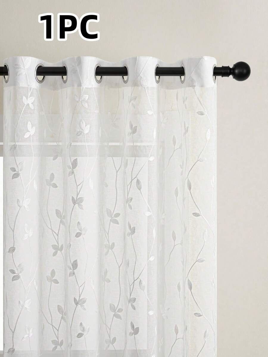 1 Stück, halbtransparenter, leichter Polyestervorhang im Bohemian-Stil, Vorhang mit besticktem Blättermuster, geeignet für Wohnzimmer, Schlafzimmer, Arbeitszimmer, Esszimmer, Heimdekoration, Ösen oben für einfache Installation - Weiss - Übersicht 1