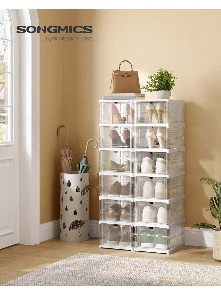 SONGMICS Shoe Boxes, Pack Of 12 Stackable Shoe Storage Organiser, Set Of 2 Integraed Shoe Cabinets, Foldable And Portable, Fit Up To UK Size 12, 60s Assembly, Transparent And Cloud White - White - View 1