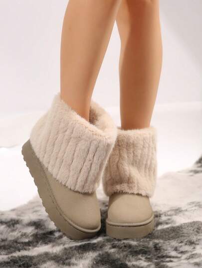 Stivali da neve da donna con punta rotonda, colore unito, con fodera invernale calda e imbottita, slip-on, comodi, con platform, bordo in pelliccia, stile casual e alla moda, stivali alla caviglia