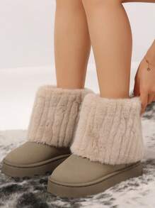 Bottes de neige à bout rond pour femmes. Couleur unie, doublure épaisse et chaude. Enfiler facilement. Bottes de cheville confortables avec plateforme, garniture en fourrure et style décontracté mode