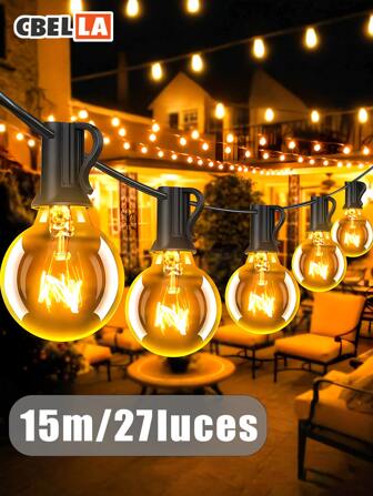CasaBella Luces de cuerda de 15 metros con 27 bombillas de filamento,IP65 a prueba de agua,Tiras de Luces para Exteriores,Iluminación para festivales y fiestas,Luces en Cadena,Iluminación exterior,Perfectas para la decoración de fiestas, patios, jardines, senderos, cercas, balcones y edificios,Ideales para Navidad, Halloween, bodas, decoración de otoño, festivales, y recuerdos de fiesta temática de carnaval,decoración de festivales