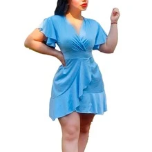 V-Cut Ruffle Dress - Dusty Blue - View 2
