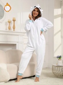 Bộ đồ ngủ hình rồng dành cho người lớn nhân dịp Lễ Tình nhân, bộ đồ ngủ liền thân giữ ấm họa tiết động vật cho mùa thu đông, trang phục dự tiệc vui nhộn, bộ đồ ngủ Giáng sinh đồng bộ cho cả gia đình. - trắng - Xem 1