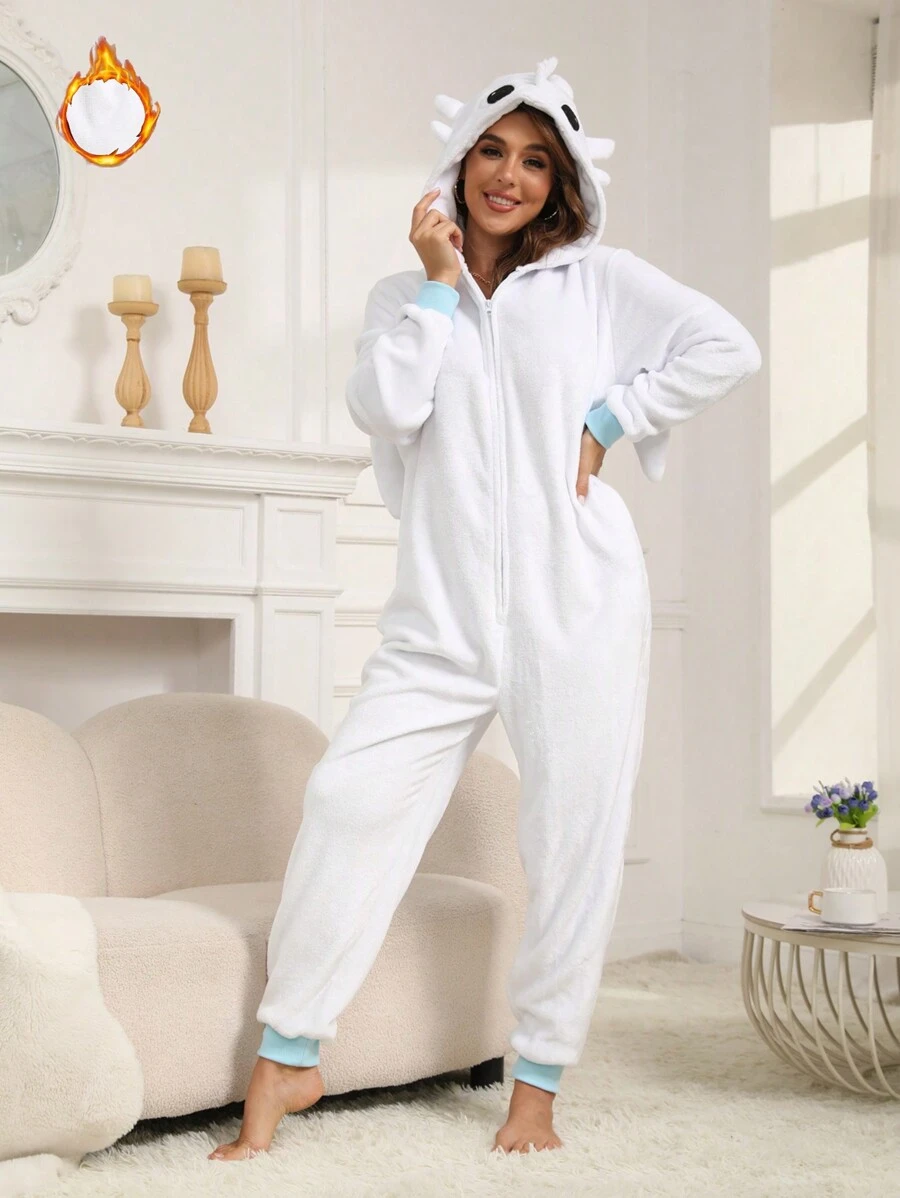 Bộ đồ ngủ hình rồng dành cho người lớn nhân dịp Lễ Tình nhân, bộ đồ ngủ liền thân giữ ấm họa tiết động vật cho mùa thu đông, trang phục dự tiệc vui nhộn, bộ đồ ngủ Giáng sinh đồng bộ cho cả gia đình. - trắng - Xem 1