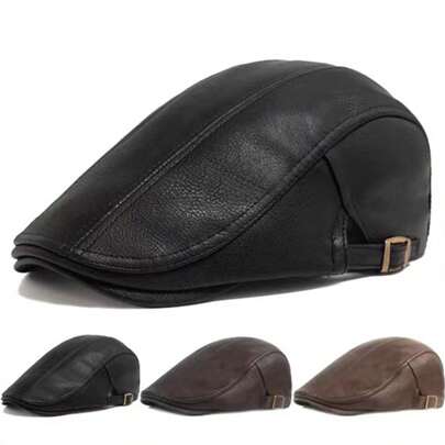 1pc Men's PU Leather Beret Hat, Solid Color Newsboy Cap, Casual Outdoor Hat For Autumn/Winter, Suitable For Street, Business, Party
