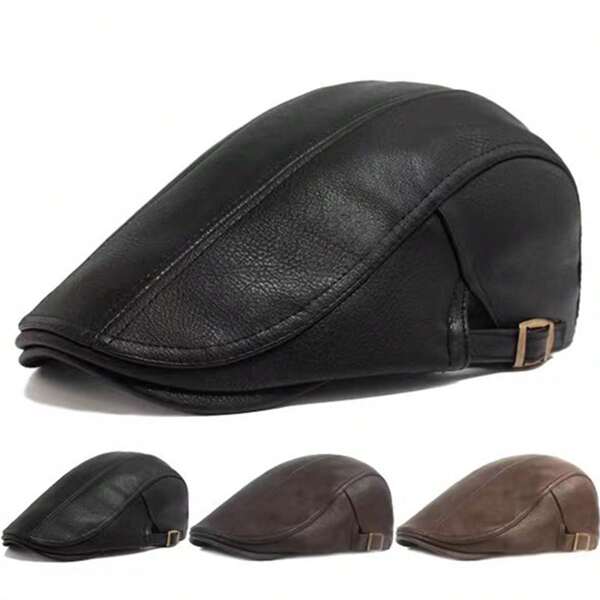 1pc Men's PU Leather Beret Hat, Solid Color Newsboy Cap, Outdoor Casual Hat, Warm For Autumn/Winter Street, Business Party