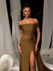 Faeriesty Elegant Satin Off-Shoulder Evening Gown With High-Slit Hem | Perfect For Bridesmaids, Evening Parties, Luxury Weddings, Galas, Or Red Carpet Appearances Bridesmaid Dress