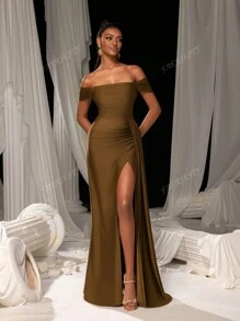 Faeriesty Elegant Satin Off-Shoulder Evening Gown With High-Slit Hem | Perfect For Bridesmaids, Evening Parties, Luxury Weddings, Galas, Or Red Carpet Appearances Bridesmaid Dress