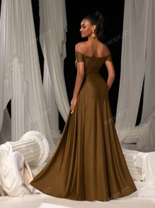 Faeriesty Elegant Satin Off-Shoulder Evening Gown With High-Slit Hem | Perfect For Bridesmaids, Evening Parties, Luxury Weddings, Galas, Or Red Carpet Appearances Bridesmaid Dress
