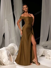 Faeriesty Elegant Satin Off-Shoulder Evening Gown With High-Slit Hem | Perfect For Bridesmaids, Evening Parties, Luxury Weddings, Galas, Or Red Carpet Appearances Bridesmaid Dress