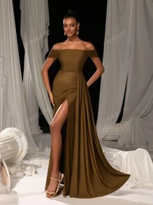 Faeriesty Elegant Satin Off-Shoulder Evening Gown With High-Slit Hem | Perfect For Bridesmaids, Evening Parties, Luxury Weddings, Galas, Or Red Carpet Appearances Bridesmaid Dress