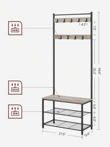 VASAGLE Coat Rack, Coat Stand With Shoe Storage Bench, Hall Tiree With Shoe Rack, 3-In-1 Design, Steel Frame, For Hallway, Entrance, 32 X 70 X 177 Cm, Modern, Grege And Black