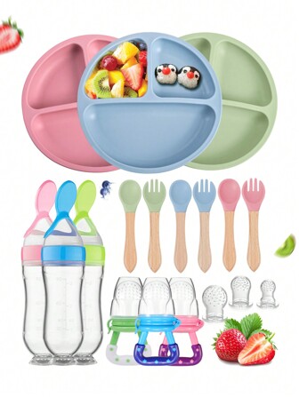Set de 8 piezas de vajilla infantil, plato de silicona con chasis de absorción, mango de madera, tenedor y cuchara, botella de silicona para confusión, alimentador de fruta y verdura con mordedor, set de chupetes de silicona para bebé