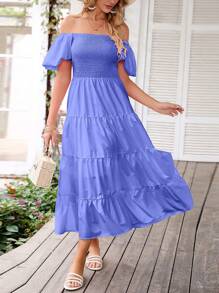 Women's Casual Summer Midi Dress Puffy Short Sleeve Square Neck Smocked Tiered Ruffle Dresses - Màu xanh tím - Xem 5