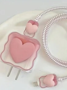 Bộ 5 chiếc bao bảo vệ hình trái tim màu hồng kèm dây cáp xoắn, tương thích với bộ sạc nhanh 18W/20W, vỏ bảo vệ mềm mại tương thích với bộ sạc 16/15/14/13, món quà lý tưởng. - Hồng - Xem 6