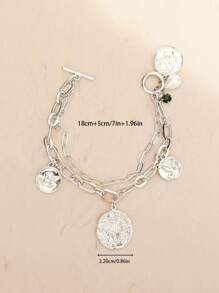 1pc Double Layer Green Rhinestone&Pearl Decor Chain Bracelet, Suitable For Daily Wear - Silver - View 6