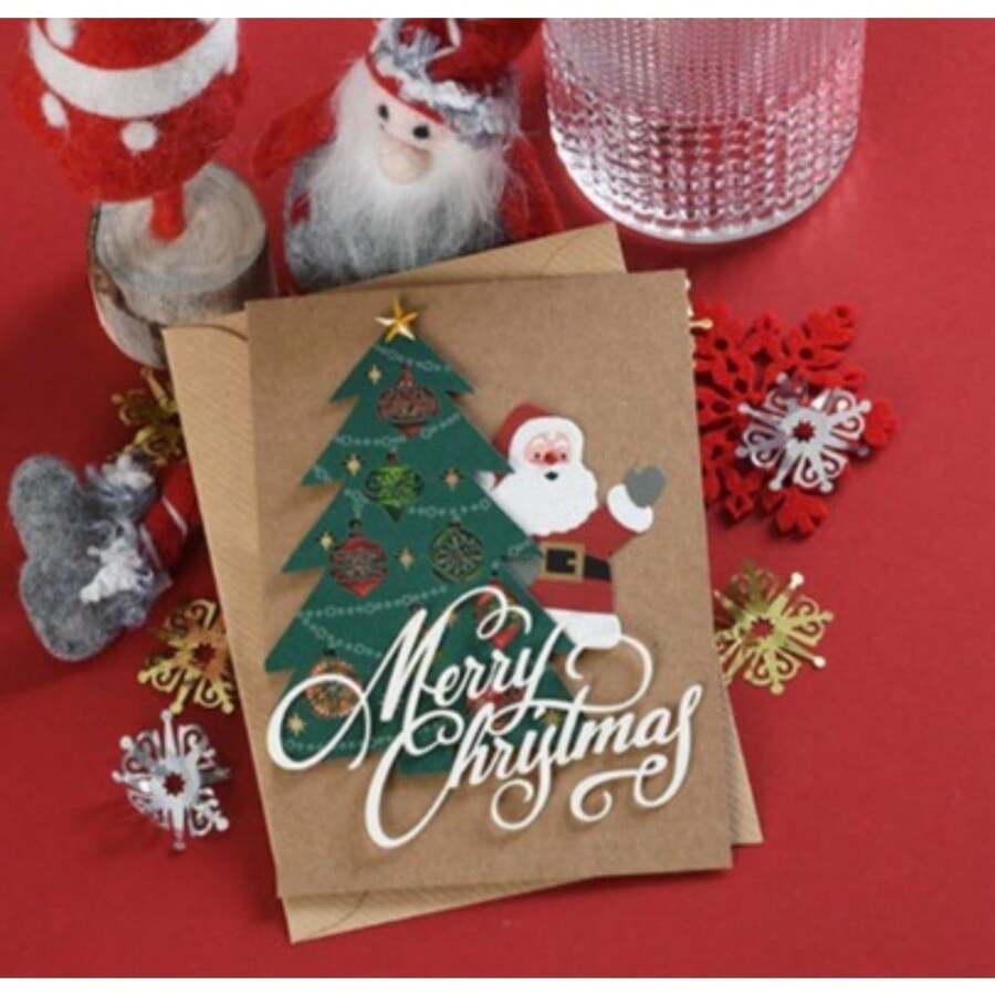 全新 3D 复古圣诞贺卡采用牛皮纸制成，烫金印章圣诞贺卡，带有圣诞老人，适合跨境圣诞节、万圣节、万圣节装饰 - 彩色 - 查看 1
