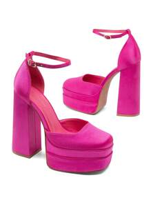 Women Platform High Chunky Block Heels Pumps Square Closed Toe Ankle Strap Solid Color Wedding Party Prom Festival Shoes - Màu Hoa hồng đỏ - Xem 6