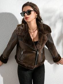 女士秋冬拉链仿皮草夹克，人造皮草大衣 - 棕色 - 查看 5