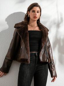 女士秋冬拉链仿皮草夹克，人造皮草大衣 - 棕色 - 查看 1