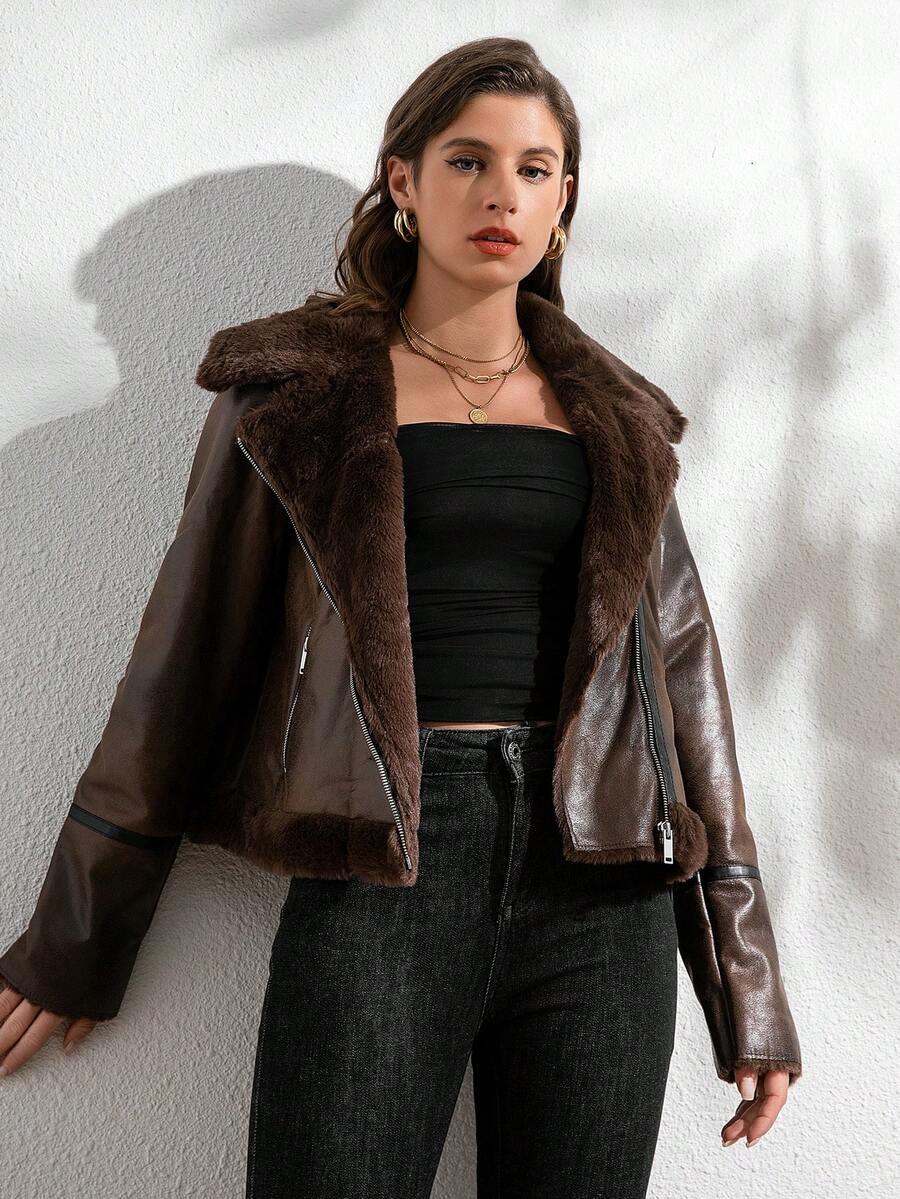 女士秋冬拉链仿皮草夹克，人造皮草大衣 - 棕色 - 查看 1