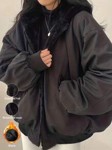 Women's Oversized Hooded Coat With Faux Fur Collar, Slimming Silhouette, Dual-Sided Pockets, Reversible, Casual Street Style, Short Jacket For Autumn/Winter