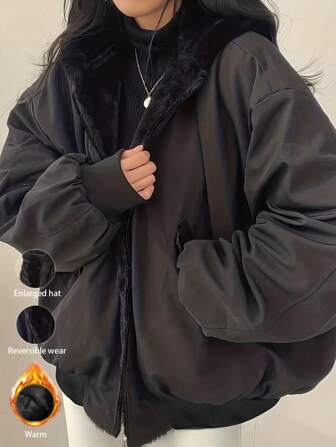 Women's Oversized Hooded Coat With Faux Fur Collar, Slimming Silhouette, Dual-Sided Pockets, Reversible, Casual Street Style, Short Jacket For Autumn/Winter