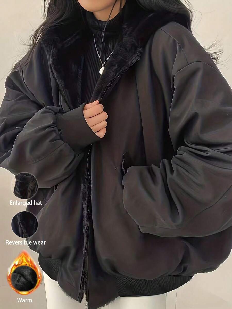 Women's Oversized Hooded Coat With Faux Fur Collar, Slimming Silhouette, Dual-Sided Pockets, Reversible, Casual Street Style, Short Jacket For Autumn/Winter