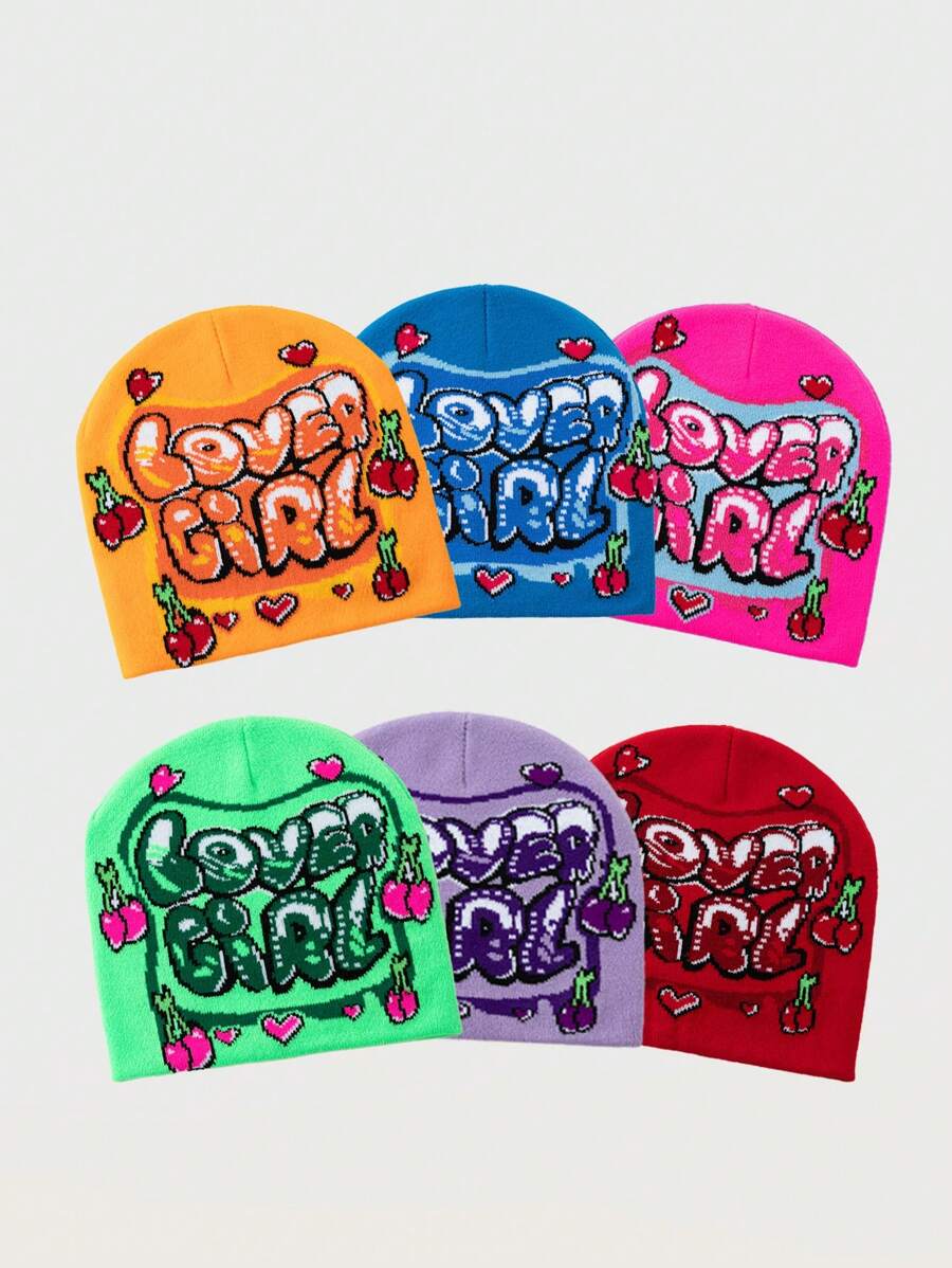 1 件女士时尚糖果色字母和心形针织帽，情人节日常穿着的温暖配饰 - 彩色 - 查看 1