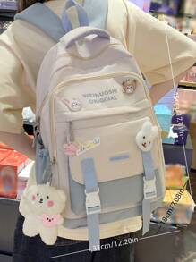 字母图案经典背包，饰有卡通吊坠和学校风格徽章，适合上学、返校季、用作笔记本电脑包和电脑包，以及其他返校用品。 - 藍色 - 查看 2