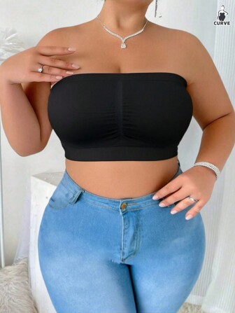 1 Piece Plus Size Women's Seamless Wireless Underwear, Black Full Coverage Comfortable And Breathable Bandeau Bra