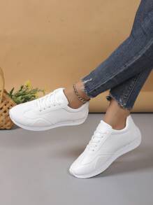 أحذية رياضية كاجوال بسيطة ذات رؤوس مستديرة لون أحادي للنساء, يومي كاجوال - أبيض - مشاهدة 1