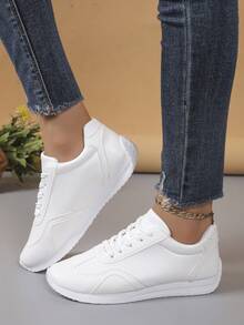 أحذية رياضية كاجوال بسيطة ذات رؤوس مستديرة لون أحادي للنساء, يومي كاجوال - أبيض - مشاهدة 2