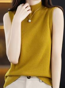 New Women's Knitted Undershirt Female Spring And Summer Slim Ladies Short Solid Color Versatile Half-High Neck Bottoming Sleeveless Tops - 黃色 - 查看 5