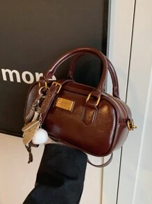 配有毛绒娃娃装饰斜肩女士手提包，大容量软皮波士顿托特包，适合所有季节通勤，新款秋冬女包，最佳秋季钱包，完美搭配秋季服装女士秋季服装女士 - 紅色 - 查看 4